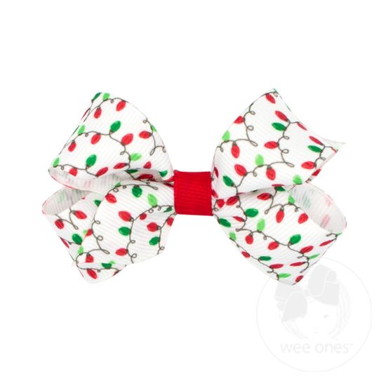 Mini Holiday-themed Printed Grosgrain Hair Bow - LIGHTS