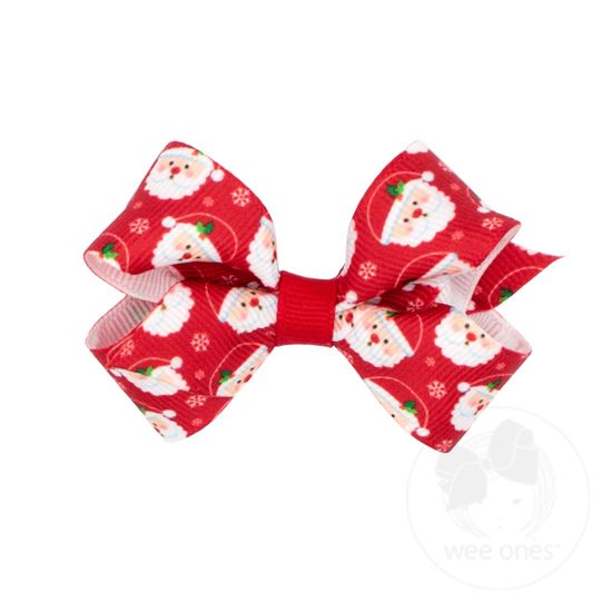 Mini Holiday-themed Printed Grosgrain Hair Bow - RED SANTA