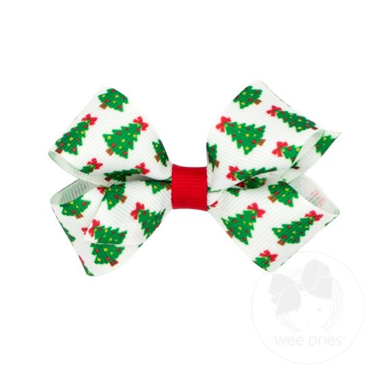 Mini Holiday-themed Printed Grosgrain Hair Bow - TREE
