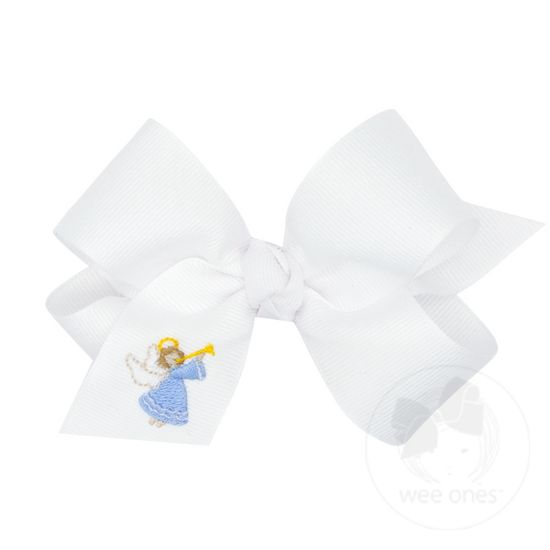 Medium Grosgrain Hair Bow with Angel Embroidery and Matching knot Wrap - ANGEL