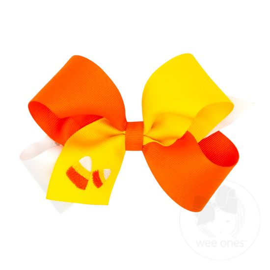 Medium Tri-color Grosgrain Hair Bow with Halloween-themed Embroidery - CANDY CORN
