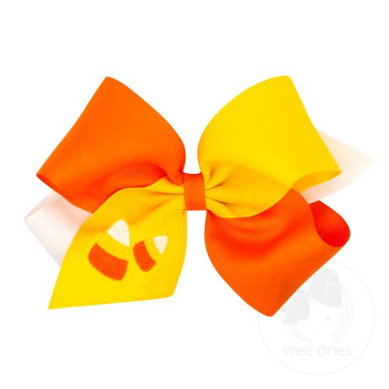 King Tri-colored Grosgrain Hair Bow with Halloween-themed Embroidery - CANDY CORN