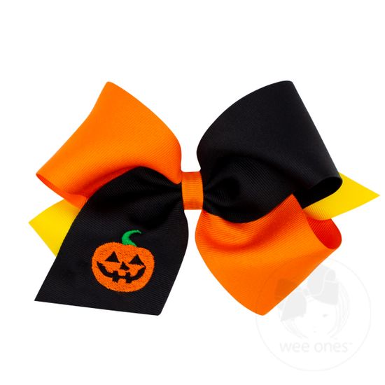 King Tri-colored Grosgrain Hair Bow with Halloween-themed Embroidery - JACK O LANTERN