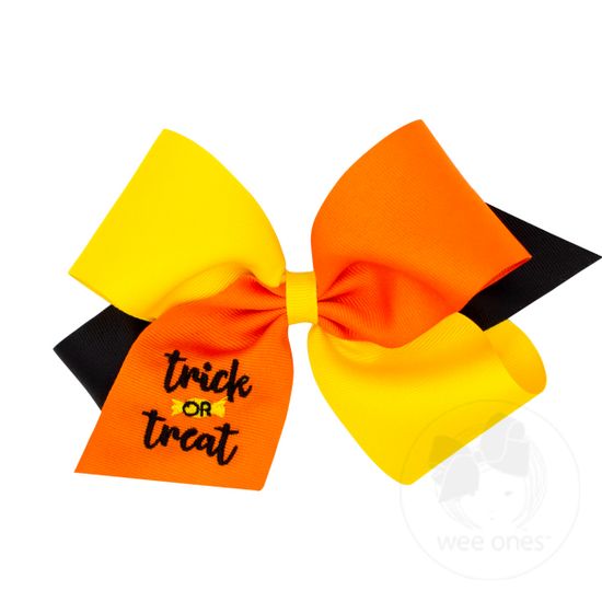 King Tri-colored Grosgrain Hair Bow with Halloween-themed Embroidery - TRICK OR TREAT