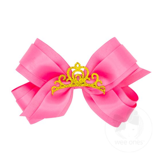 Medium Princess Grosgrain Hair Bow with Satin overlay and Glitter Crown - HOT PINK