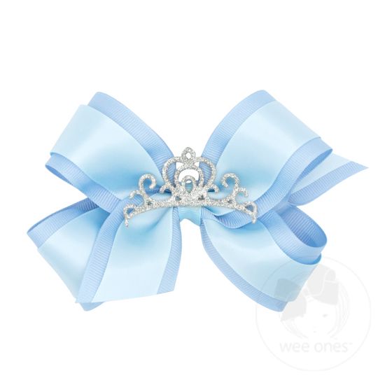 Medium Princess Grosgrain Hair Bow with Satin overlay and Glitter Crown - MILLENNIUM BLUE