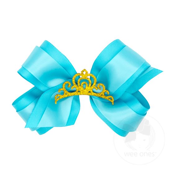 Medium Princess Grosgrain Hair Bow with Satin overlay and Glitter Crown - MYSTIC TURQUOISE