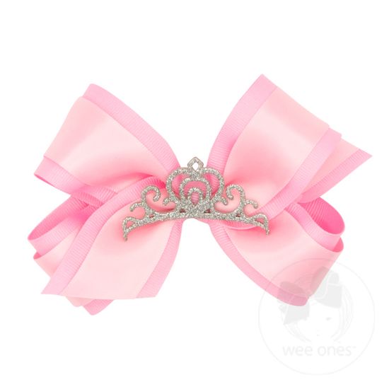 Medium Princess Grosgrain Hair Bow with Satin overlay and Glitter Crown - PEARL