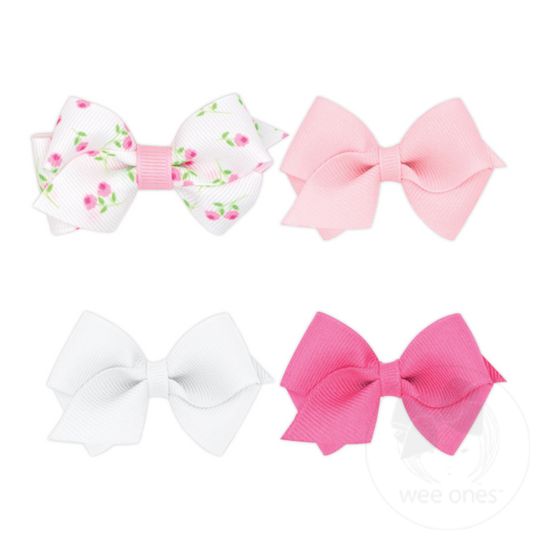 GIFT PACK! One Wee Print and Three Wee solid Grosgrain Hair Bows - ROSE