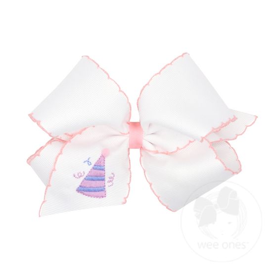 King Grosgrain Hair Bow with Moonstitch Edge and Birthday Girl Embroidery - HAT