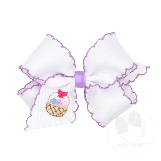 Medium White Grosgrain Bow with Moonstitch Edge and Easter-inspired Embroidery on Tail - EASTER BASKET