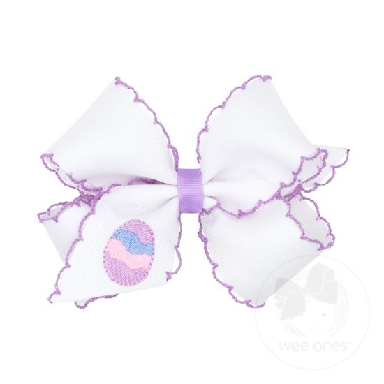 Medium White Grosgrain Bow with Moonstitch Edge and Easter-inspired Embroidery on Tail - EGGS
