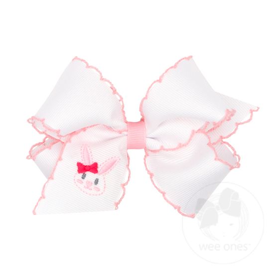 Medium White Grosgrain Bow with Moonstitch Edge and Easter-inspired Embroidery on Tail - FACE