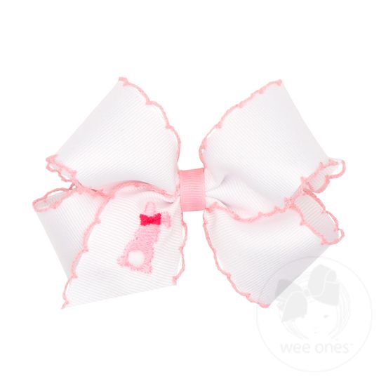 Medium White Grosgrain Bow with Moonstitch Edge and Easter-inspired Embroidery on Tail - PINK BUNNY