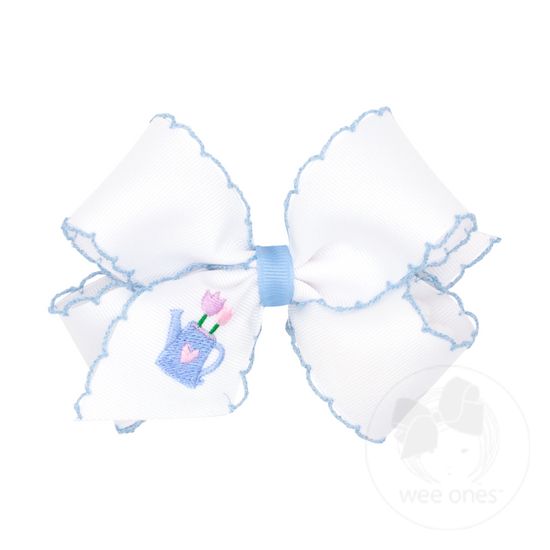 Medium White Grosgrain Bow with Moonstitch Edge and Easter-inspired Embroidery on Tail - TULIP