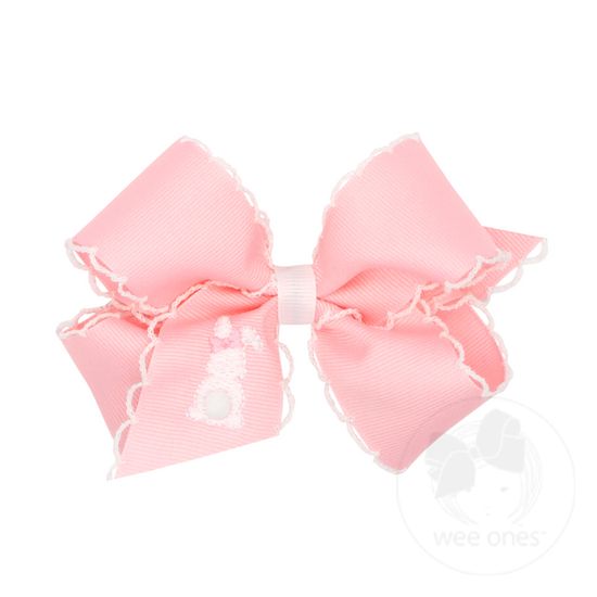 Medium Pink Grosgrain Bow with Moonstitch Edge and Easter-inspired Embroidery on Tail - WHITE BUNNY