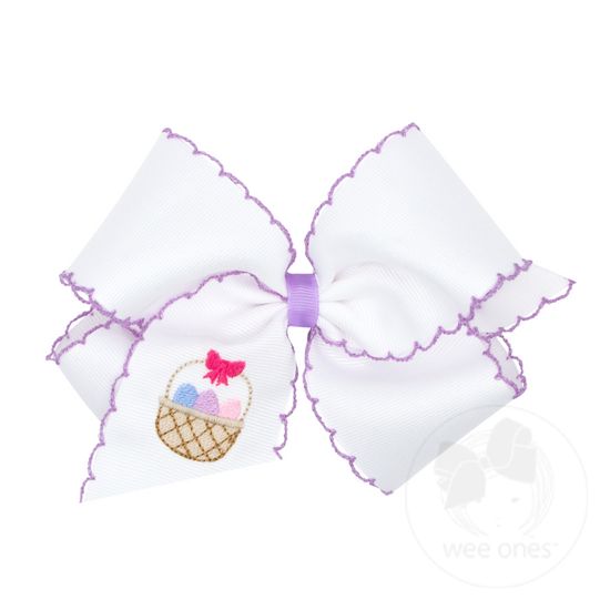 King White Grosgrain Bow with Moonstitch Edge and Easter-inspired Embroidery on Tail - EASTER BASKET