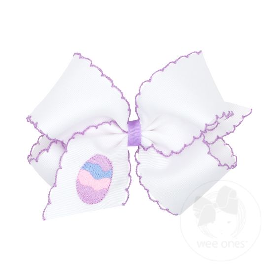 King White Grosgrain Bow with Moonstitch Edge and Easter-inspired Embroidery on Tail - EGGS