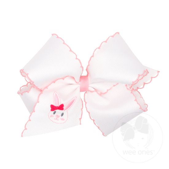 King White Grosgrain Bow with Moonstitch Edge and Easter-inspired Embroidery on Tail - FACE
