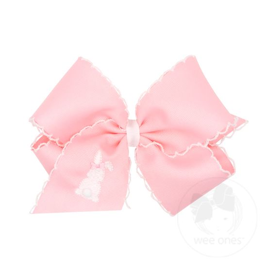 King Pink Grosgrain Bow with Moonstitch Edge and Easter-inspired Embroidery on Tail - WHITE BUNNY