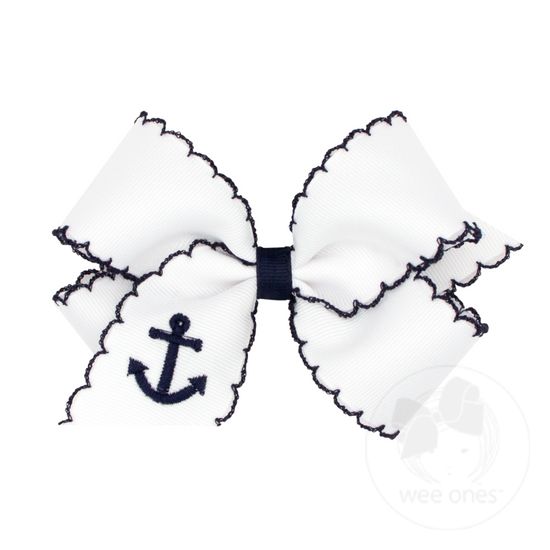 Medium Grosgrain Hair Bow with Moonstitch Edge and Nautical Embroidery - WHT W/ NVY
