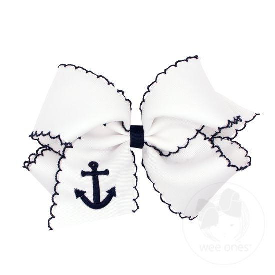 King Grosgrain Hair Bow with Moonstitch Edge and Nautical Embroidery - WHT W/ NVY