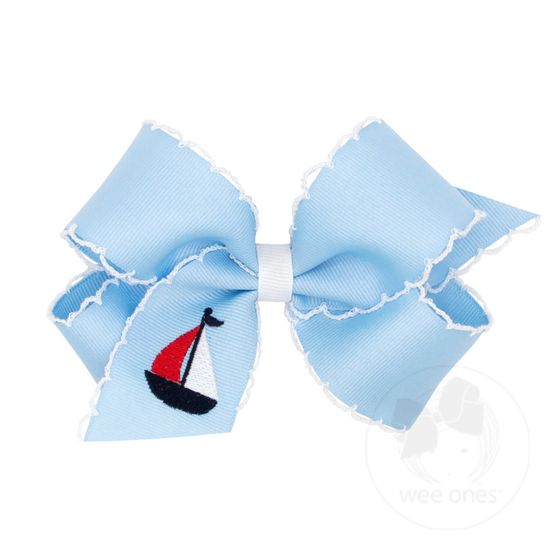 Medium Grosgrain Hair Bow with Moonstitch Edge and Embroidery - BLU W/ WHT