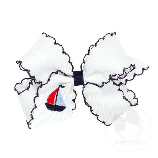 Medium Grosgrain Hair Bow with Moonstitch Edge and Embroidery - WHT W/ NVY