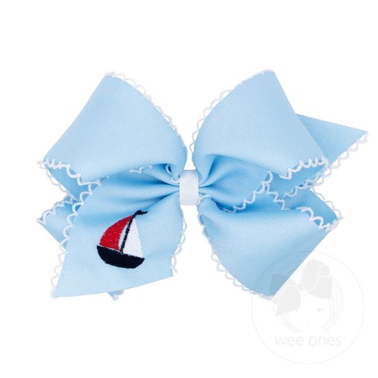 King Grosgrain Hair Bow with Moonstitch Edge and Embroidery - BLU W/ WHT