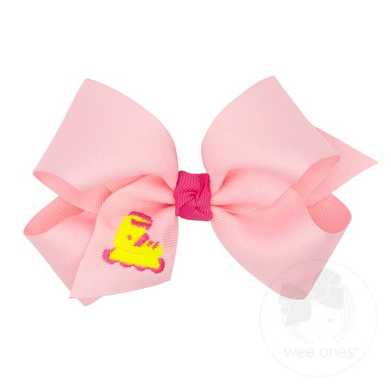 Medium Grosgrain Hair Bow with Trendy Roller Blade Embroidery and Knot Wrap - ROLLER BLADE
