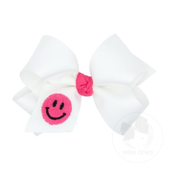 Medium Grosgrain Hair Bow with Trendy Smile Embroidery and Knot Wrap - SMILE