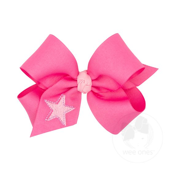 Medium Grosgrain Hair Bow with Trendy Star Embroidery and Knot Wrap - STAR