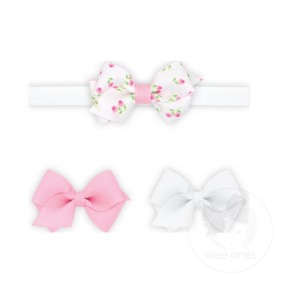 GIFT PACK! One Wee Rose-patterned Printed and Two Solid Wee Grosgrain Hair Bows and One Add-A-Bow Band - ROSE