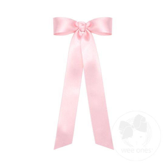 Mini French Satin Hair Bowtie with Knot Wrap and Streamer Tails - LT PINK