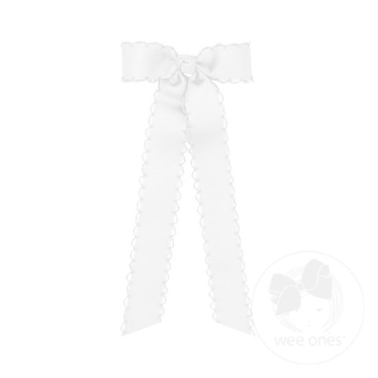 Mini Grosgrain Bowtie with Matching Moonstitch Edge, Knot Wrap and Streamer Tails - WHITE