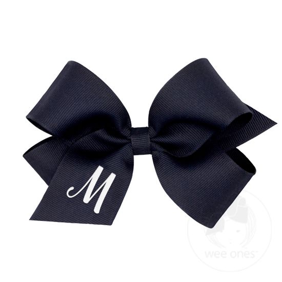 Medium Monogrammed Grosgrain Girls Hair Bow - Navy with White Initial - M