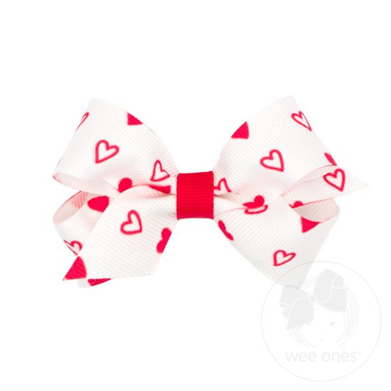 Mini Valentine Heart Print Grosgrain Girls Hair Bow - WHITE