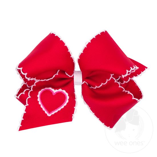 King Size Grosgrain Moonstitch Girls Hair Bow with Embroidered Heart - RED