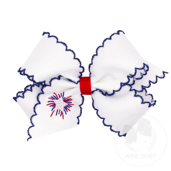 Medium White Grosgrain Bow with Royal Moonstitch Edge and Embroidery on the Tail - FIREWORKS