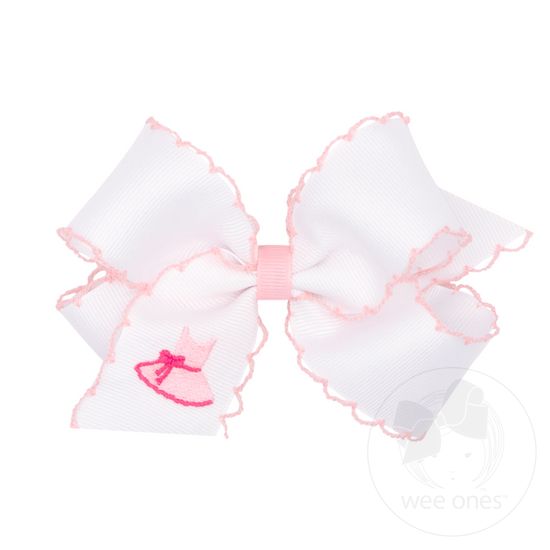 Medium Grosgrain Hair Bow with Pink Moonstitch Edge and Dress Embroidery - DRESS