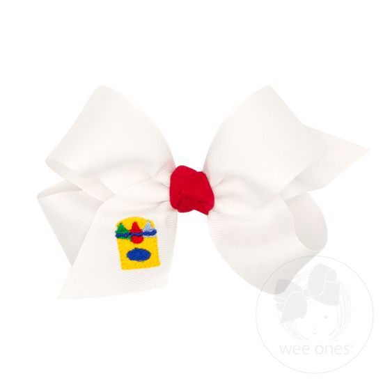Medium Grosgrain Hair Bow with Knot Wrap and School-themed Embroidery - CRAYONS