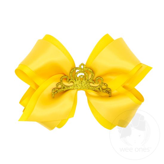 King Princess Grosgrain Hair Bow with Satin Overlay and Glitter Crown - YELLOW