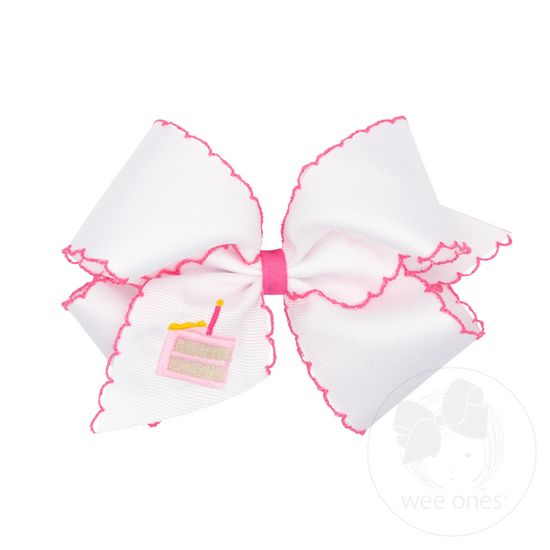 King Grosgrain Hair Bow with Moonstitch Edge and Birthday Girl Embroidery - CAKE