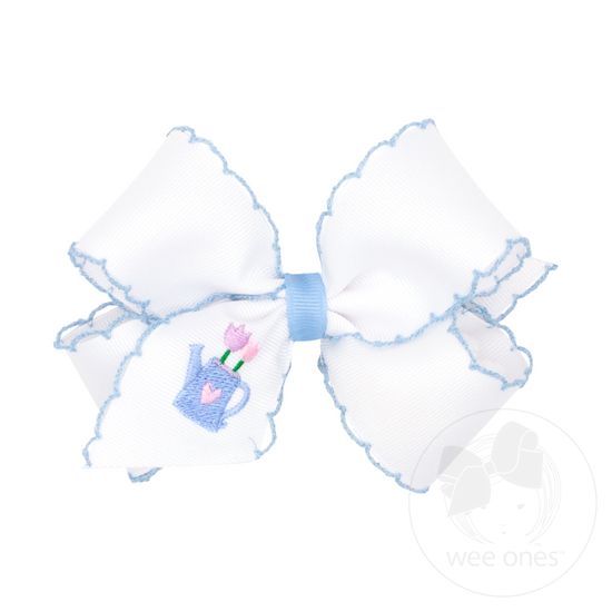 Medium White Grosgrain Bow with Moonstitch Edge and Easter-inspired Embroidery on Tail - TULIP