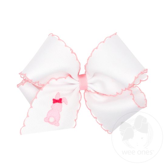 King White Grosgrain Bow with Moonstitch Edge and Easter-inspired Embroidery on Tail - PINK BUNNY