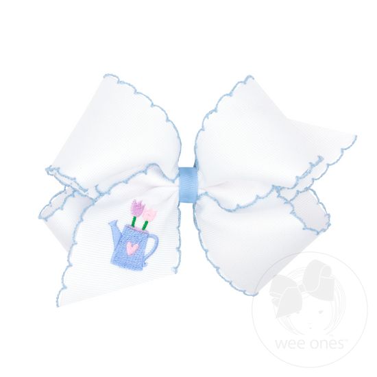 King White Grosgrain Bow with Moonstitch Edge and Easter-inspired Embroidery on Tail - TULIP