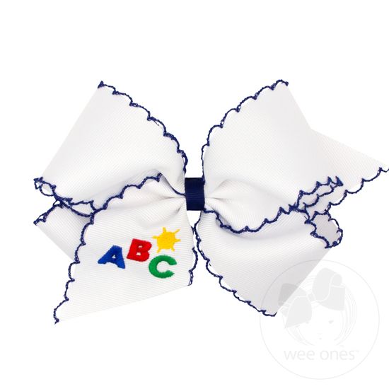 King Grosgrain Hair Bow with Navy Moonstitch Edge and ABC Embroidery - ABC'S