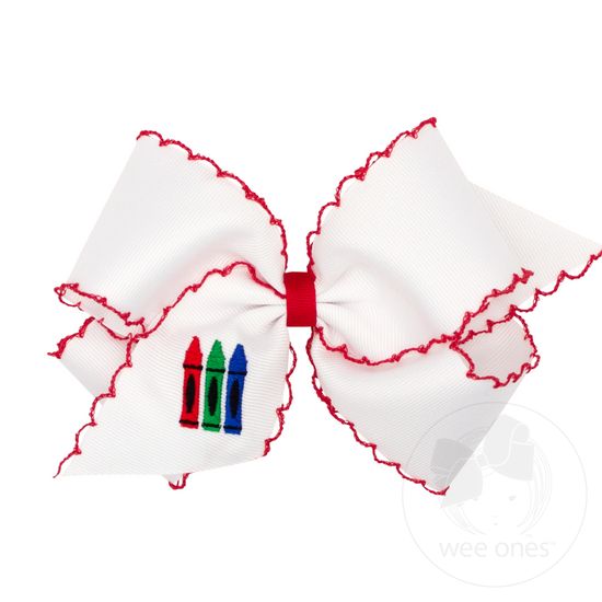 King Grosgrain Hair Bow with Red Moonstitch Edge and Crayon Embroidery - CRAYONS