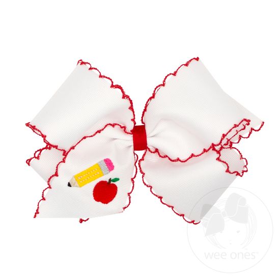 King Grosgrain Hair Bow with Red Moonstitch Edge and Pencil Embroidery - PENCIL