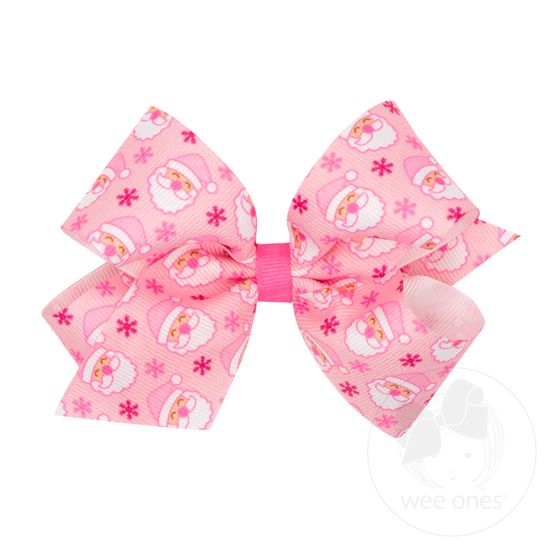 Medium Holiday-themed Pink Santa Printed Grosgrain Hair Bow - PINK SANTA